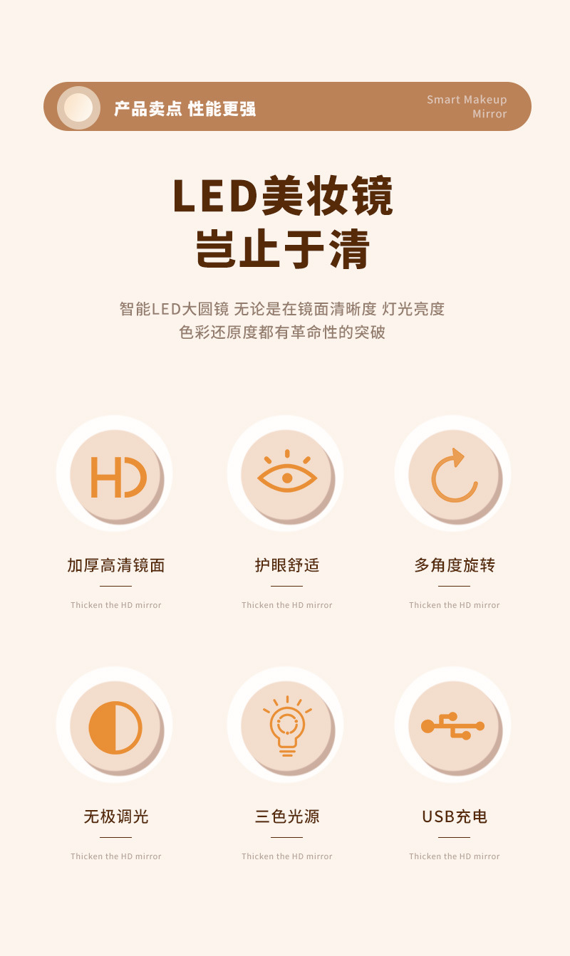 J11-1602LED化妆镜可悬挂可折叠高级补光梳妆镜学生宿舍台式补光详情图4