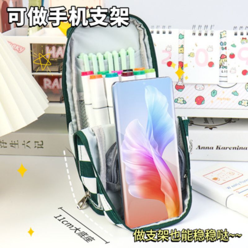 大容量 可立式棋盘格笔袋男女ins日韩办公文具收纳包中小学生笔盒