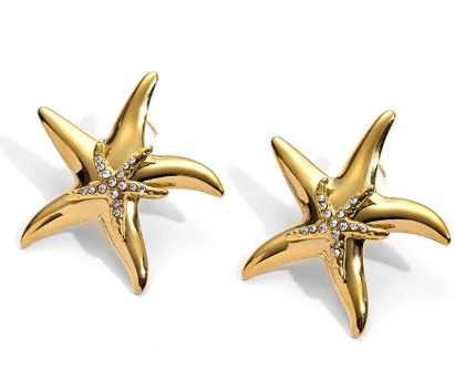 夏季新款沙滩海洋风海星耳环钛钢耳饰女欧美夸张耳钉镶嵌锆石耳针ins 潮流 欧美