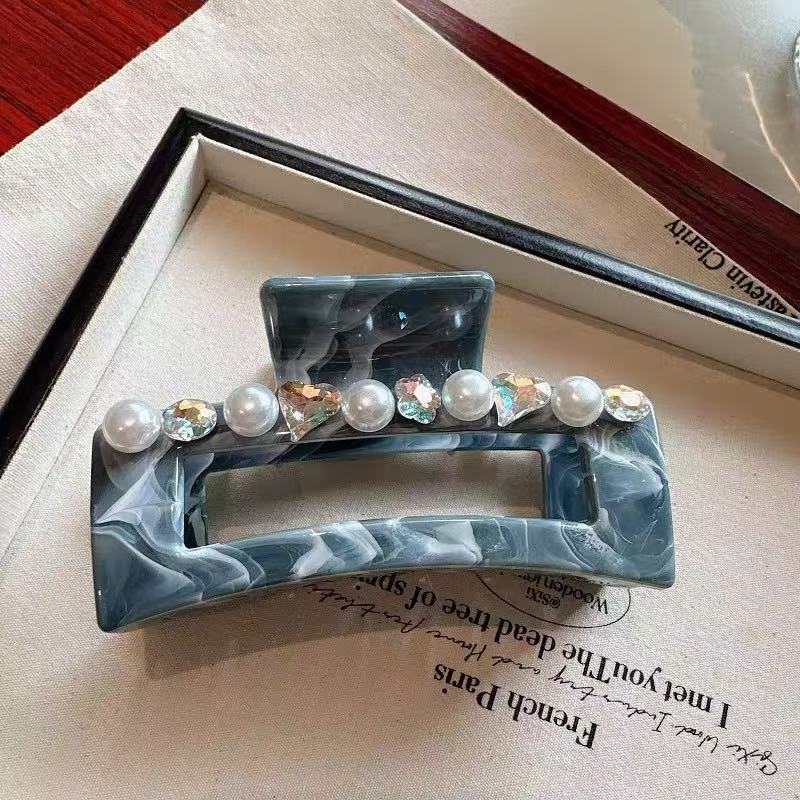 Korean-style haze blue acrylic water diamond grab clip, large square shark clip, back head plate hair clip headwear