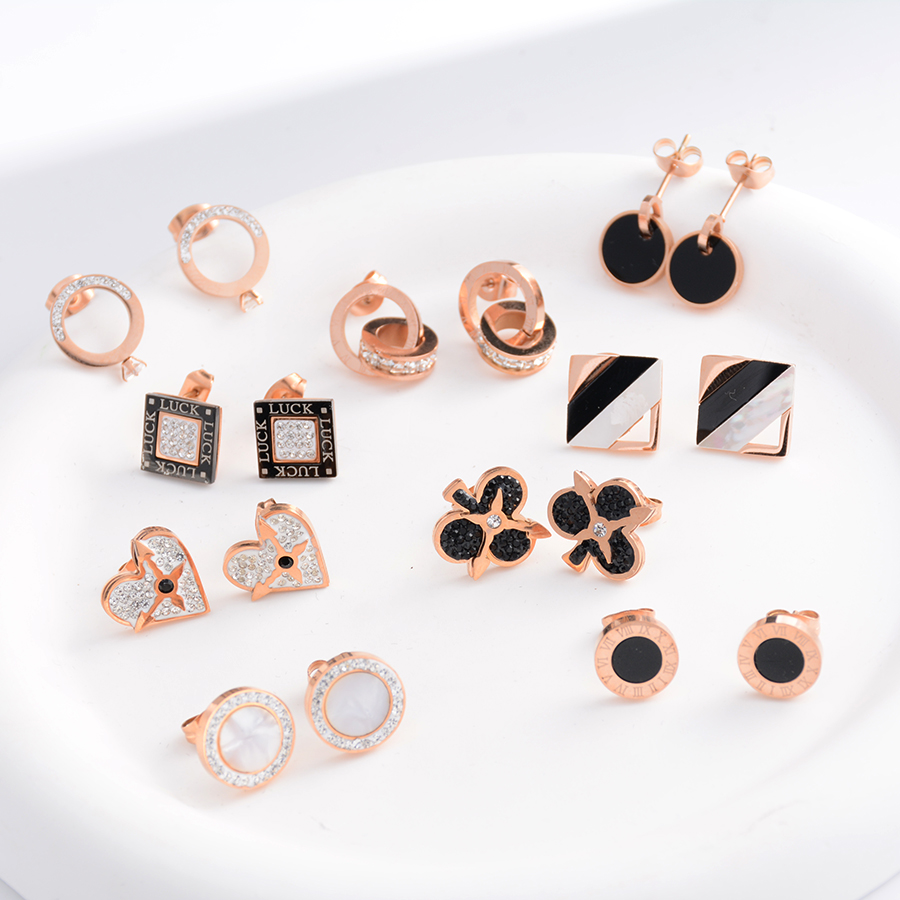 European, American and Korean fashion stud earrings, trendy white mud diamond earrings that do not fade easily, titanium steel rose gold earrings, women's striped accessories, versatile details Picture