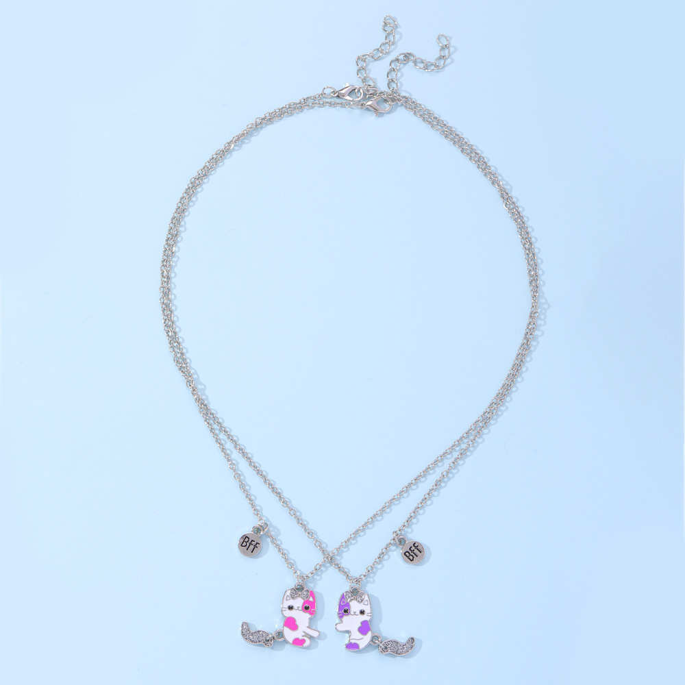 Cross-border European and American children's accessories: Cute cat BFF Good Friend necklace, sweet oil-dripping kitten necklace, 2-piece set Item Picture