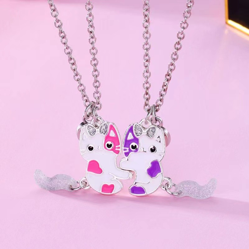 Cross-border European and American children's accessories: Cute cat BFF Good Friend necklace, sweet oil-dripping kitten necklace, 2-piece set