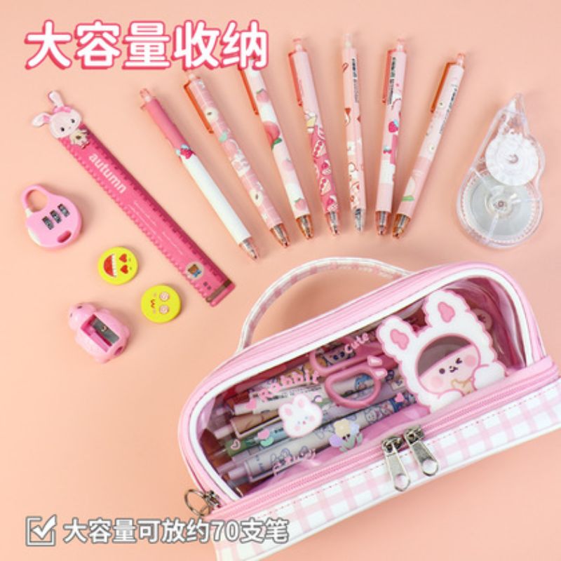 Multi-functional double-window transparent stationery bag, large capacity cute hand-held waterproof grid pen case for Japanese and Korean Instagram girls