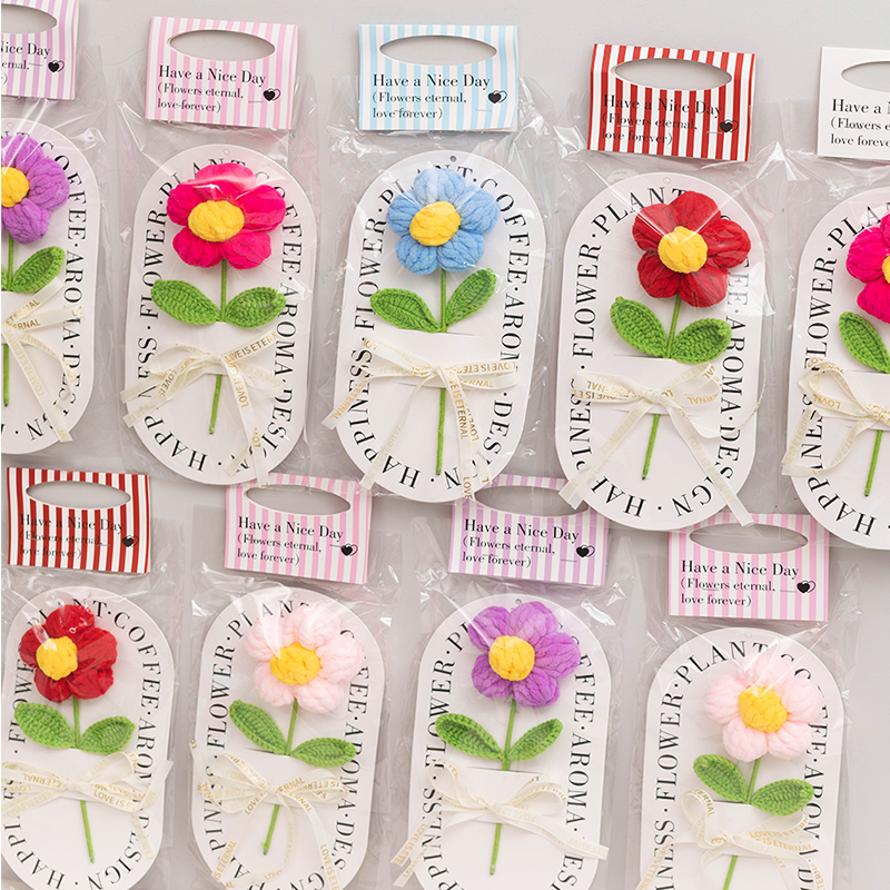 教师节跨境手工花毛线钩织编织泡芙花节日礼物针织仿真花批发花束