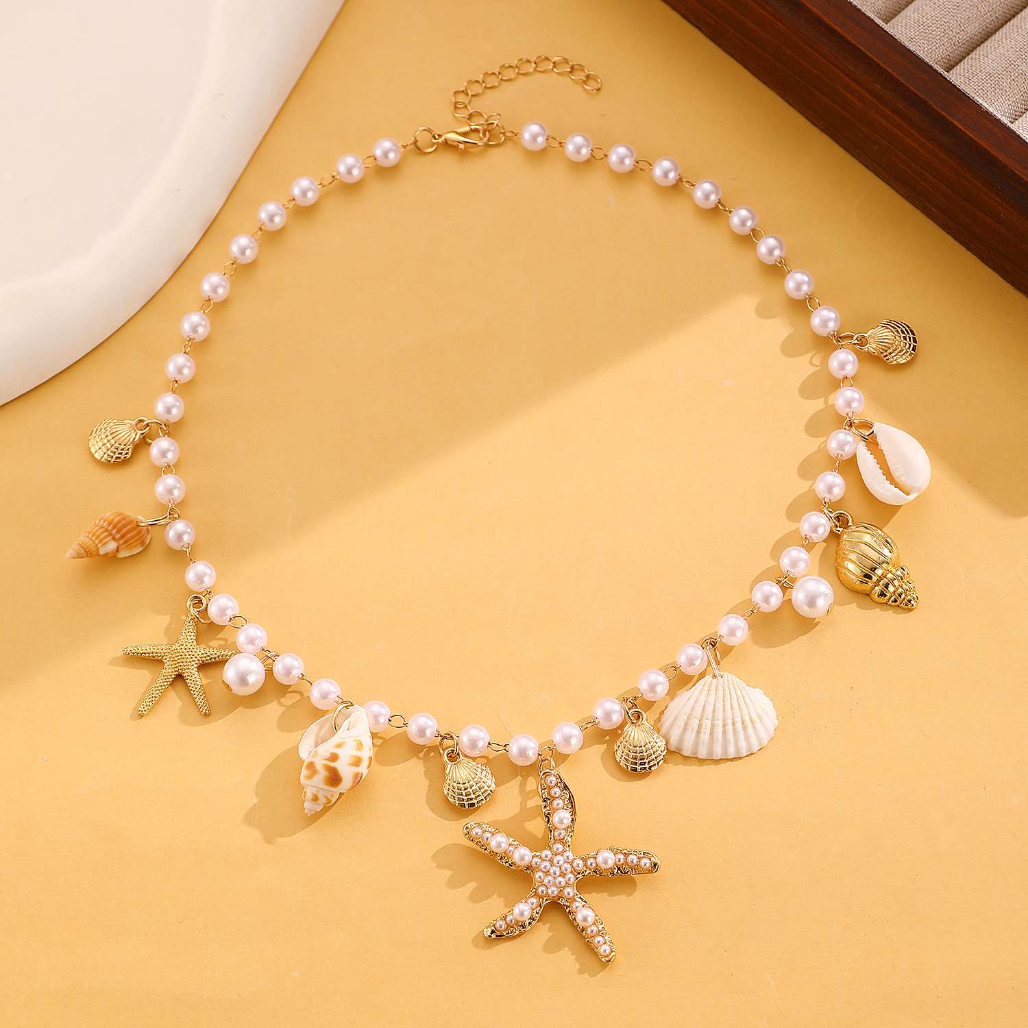 欧美波西米亚度假风海星海螺贝壳吊坠仿珍珠串珠可调节沙滩项链女 不锈钢项链详情图5
