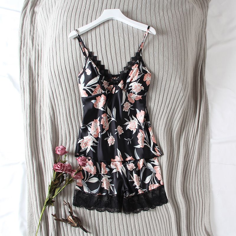 睡衣女薄款夏季性感冰丝绸吊带短裤套装韩版印花带胸垫背心两件套2025新款3562