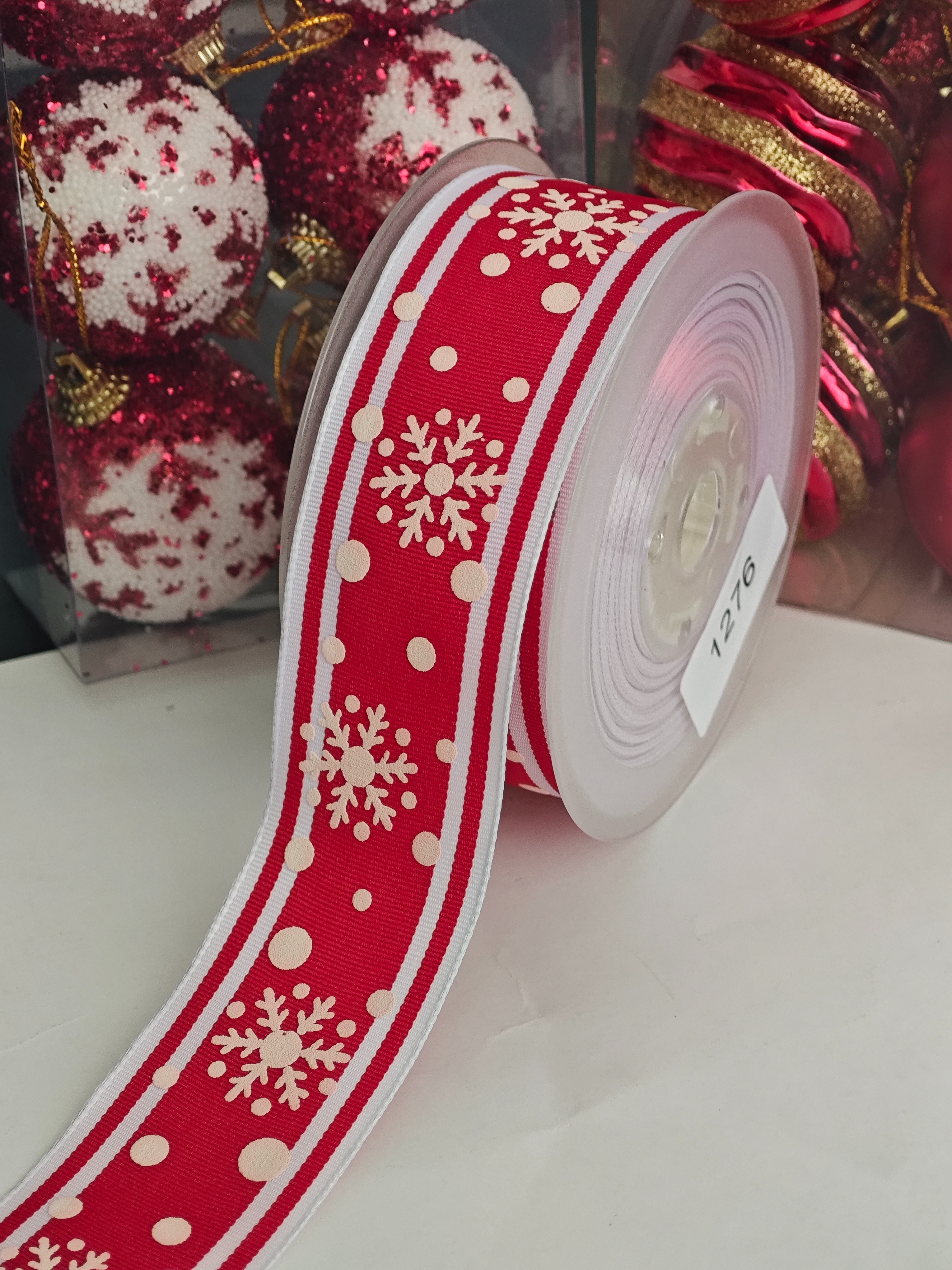 Item No. : 1276 Christmas Gift Packaging Decoration DIY Red Threaded Printed Foam Snowflake Christmas Webbing 3.8cm Item Picture