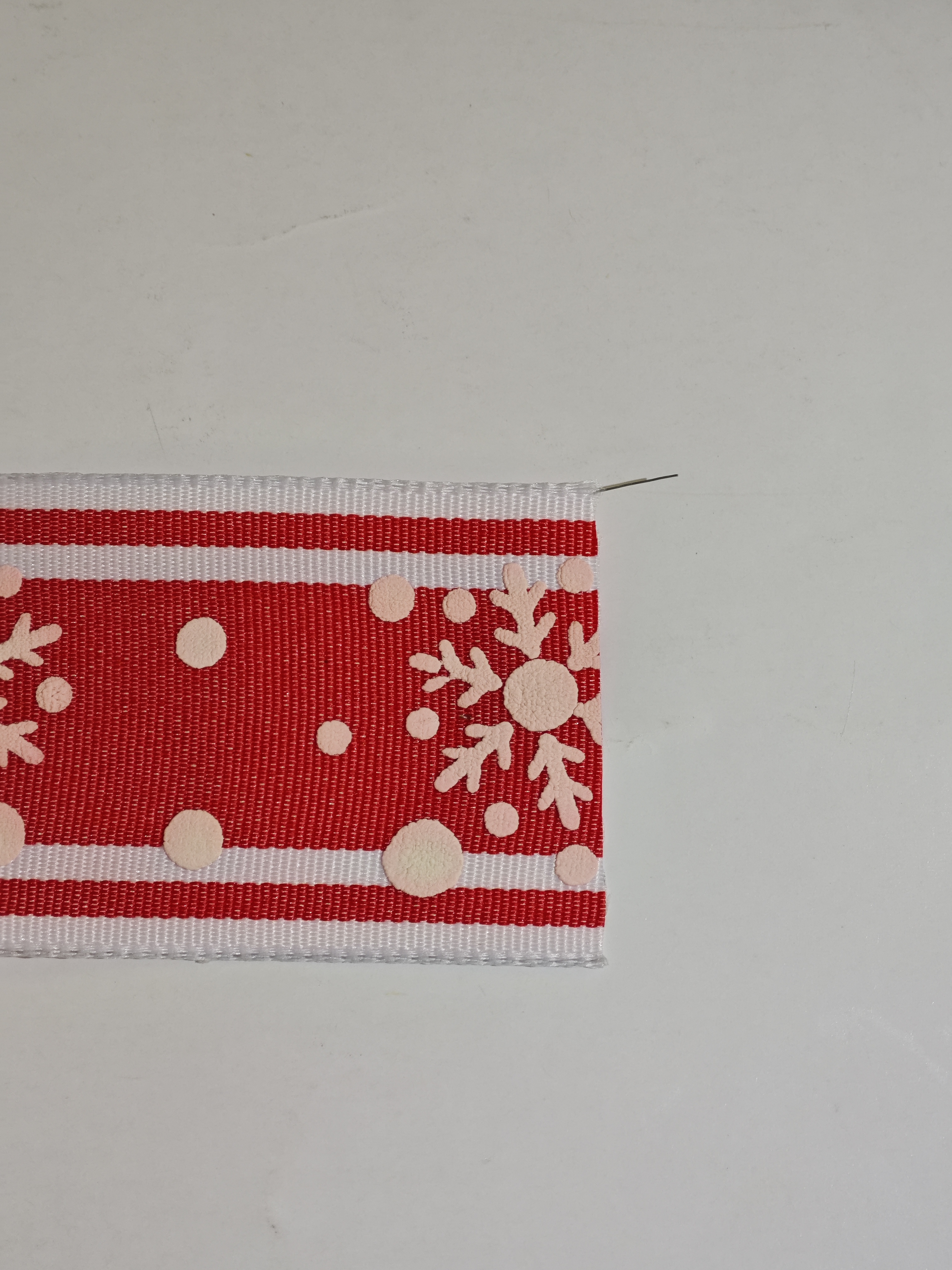 Item No. : 1276 Christmas Gift Packaging Decoration DIY Red Threaded Printed Foam Snowflake Christmas Webbing 3.8cm Specification image