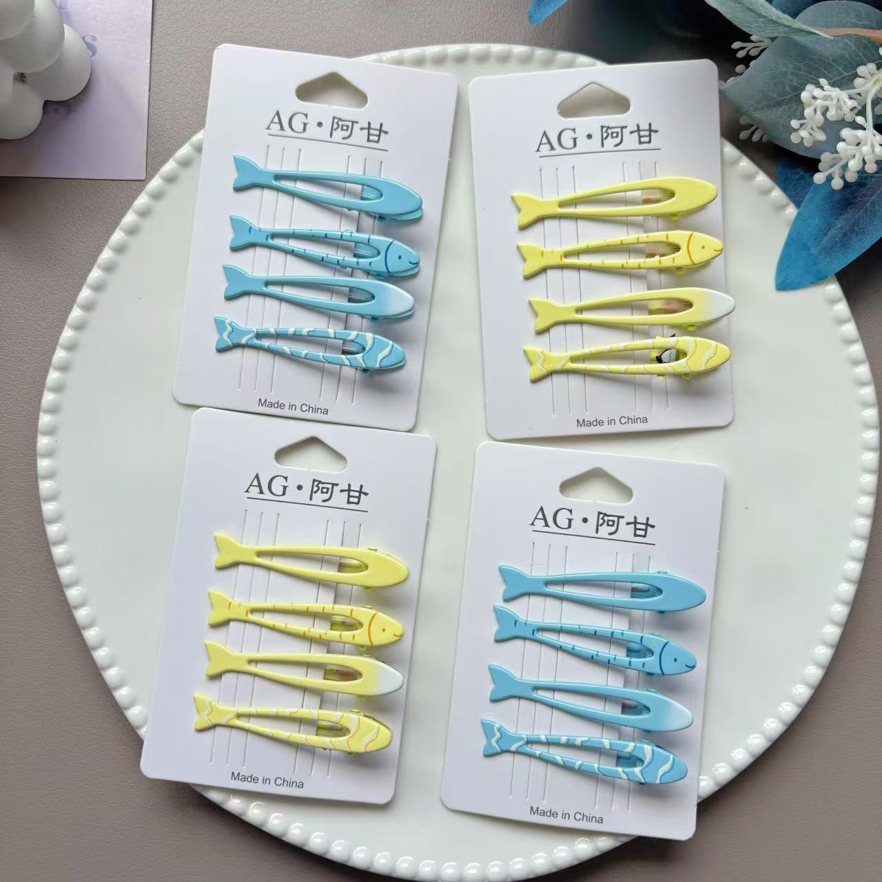 新品可爱俏皮蓝色小鱼发夹夏日海边度假百搭刘海碎发夹鸭夹发饰 4个/卡