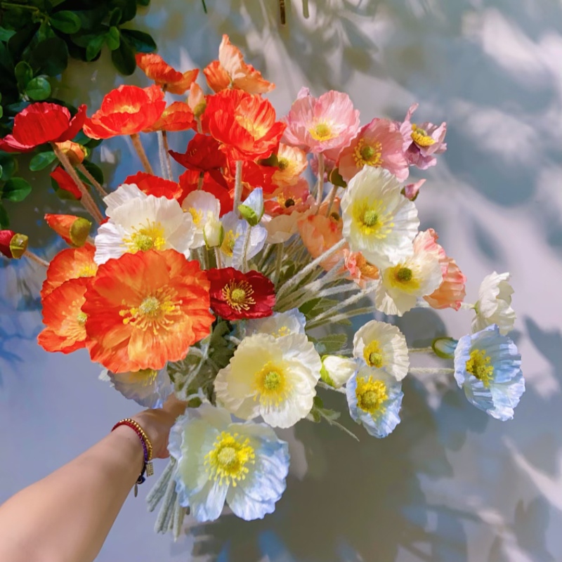 工厂店仿真花4头虞美人植绒花家居软装婚庆花艺假花鱼美人瓶花