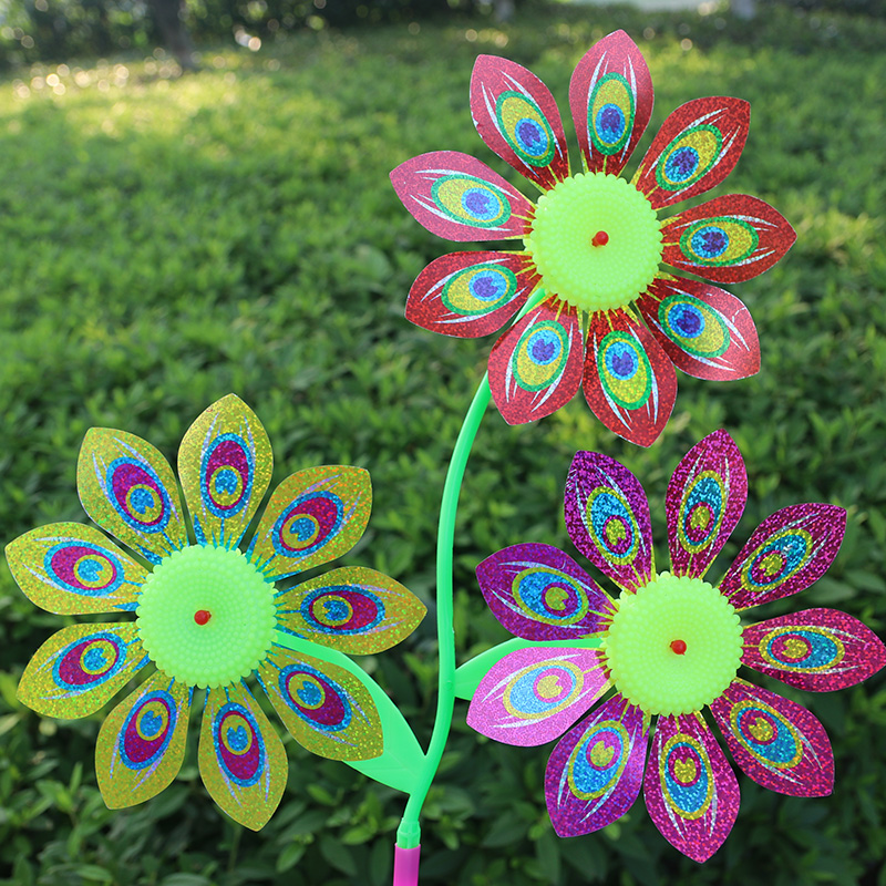 三朵树枝造型镭射孔雀太阳花风车儿童玩具户外手持风车公园庭院装饰活动庆典用品佳品幼儿园活动赠品