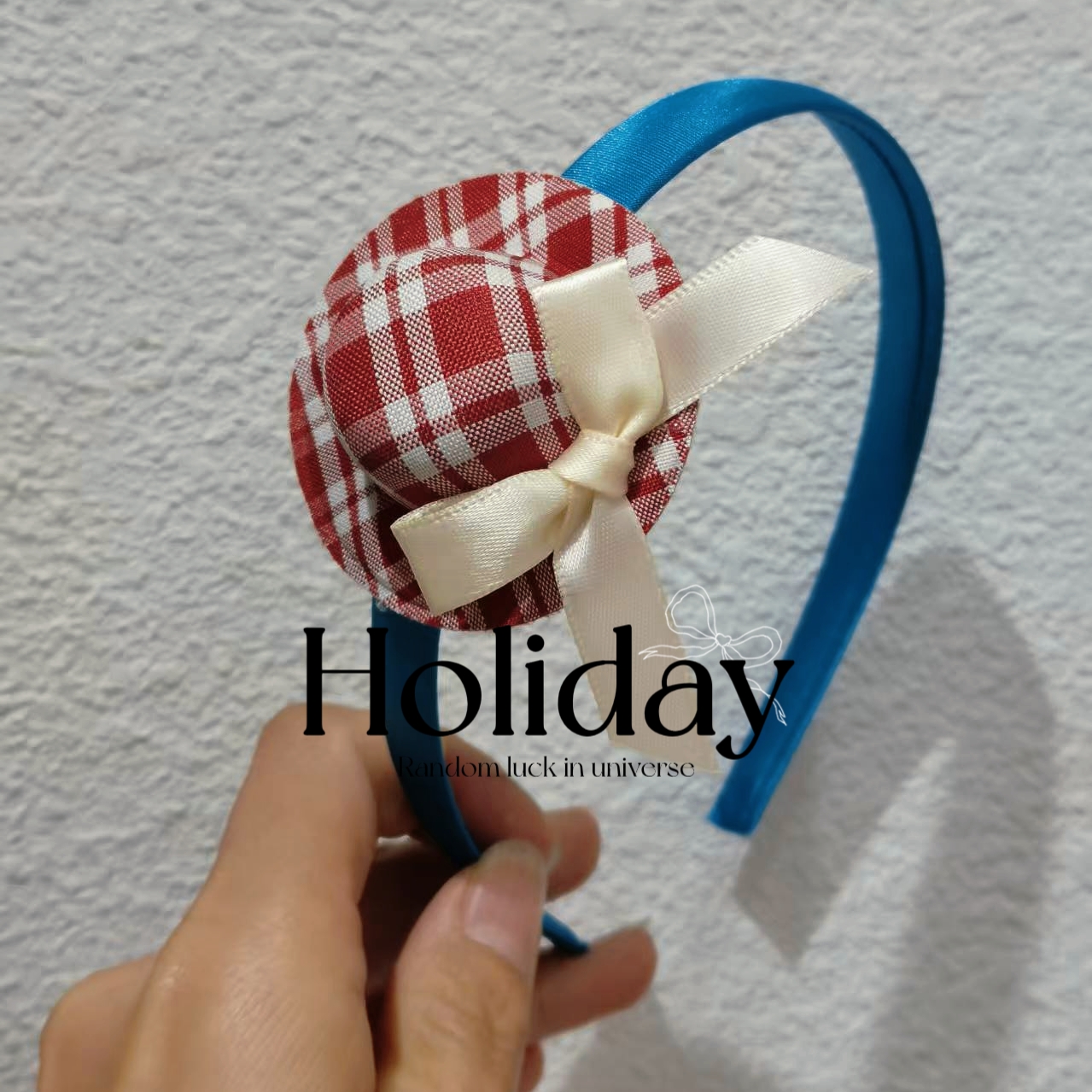 Retro handcrafted, old-fashioned blue checkered top hat, headband, headband, headwear, cute bow, versatile hair accessory for girls