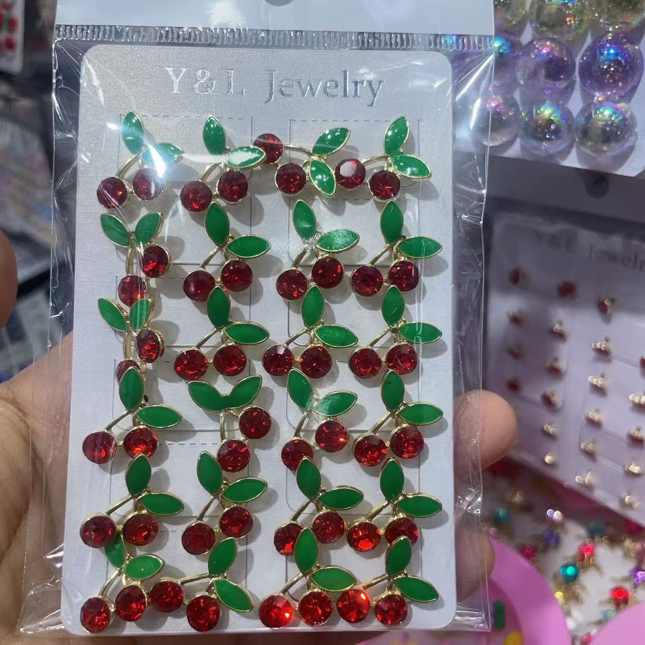 New cross-border European and American style zinc alloy enamel cherry rhindiamond earrings, Bohemian ladies factory direct sales wholesale Specification image