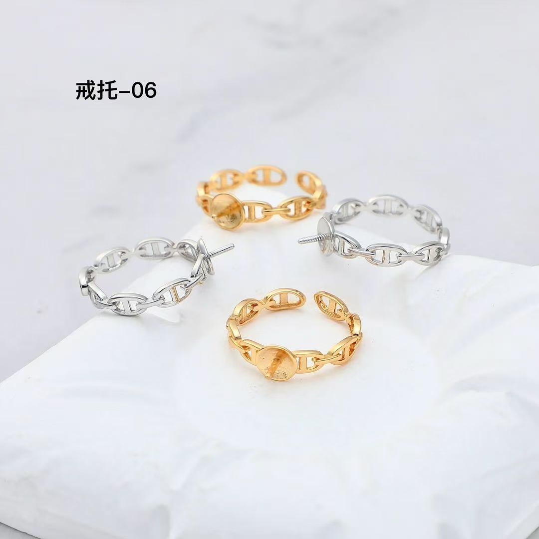 S925纯银 经典猪鼻子款珍珠戒指空托DIY珍珠配件活口可调节