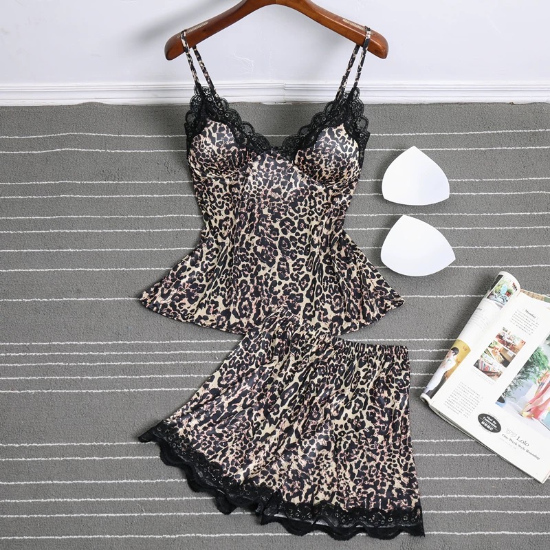 睡衣女薄款夏季性感冰丝绸吊带短裤套装韩版印花带胸垫背心两件套5689