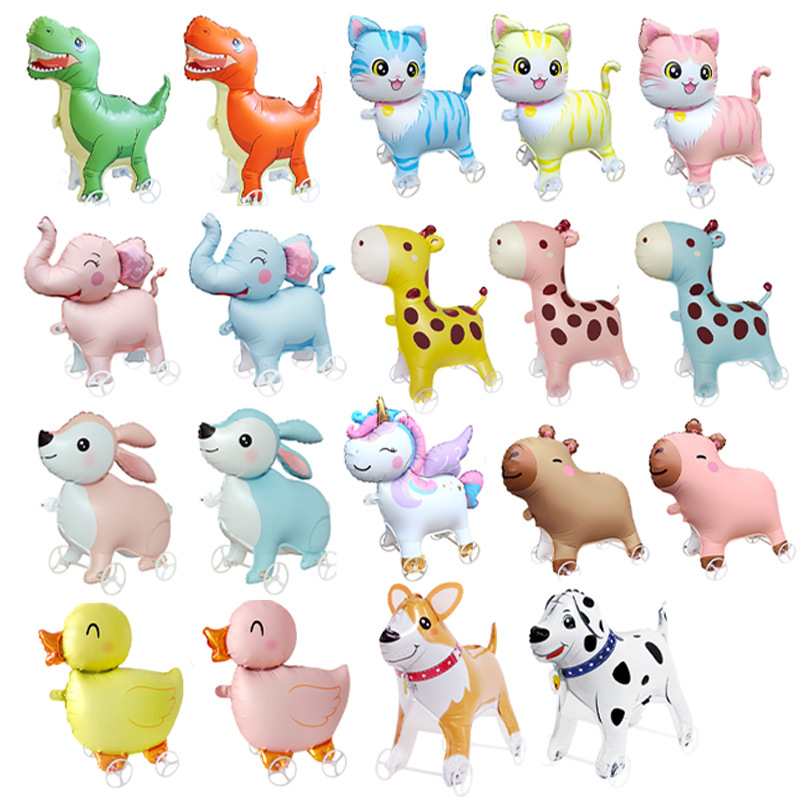新款4D带轮子动物铝膜气球立体创意滚轮气球地摊玩具派对装饰