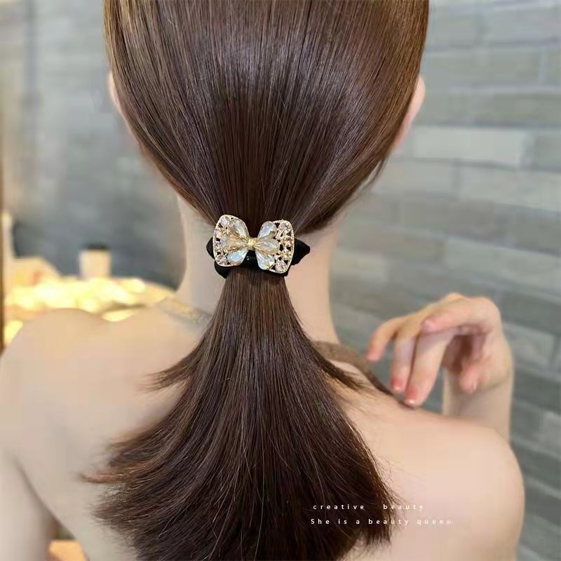 Korean version water diamond large intestinal hair band, elegant thick hair tie, hair accessory, bow, rubber band, geometric headwear, adult ponytail hair tie Item Picture