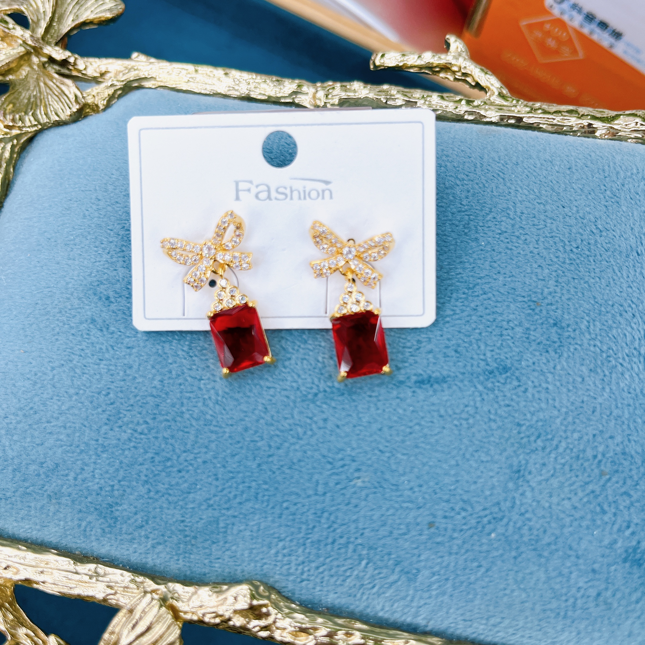 时尚耳饰简约大红宝石长方带领结锆石时尚耳钉气质百搭耳环潮流个性百搭饰品