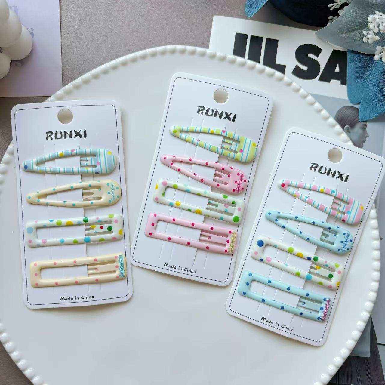 2025新款印花BB夹 水滴长方大bb夹 可爱波点条纹女生刘海碎发夹 4个/卡