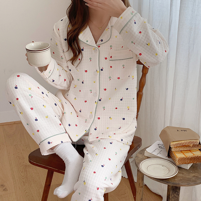 Autumn and winter layered pajamas for women, ins cute cartoon lapel cardigan, air cotton three-layer thickened warm home wear 4155