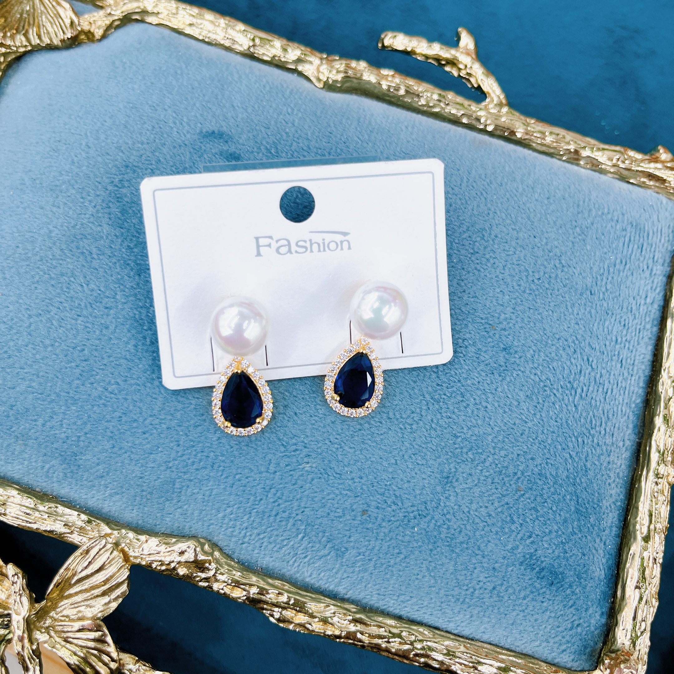 时尚耳饰简约宝兰宝石水滴带珍珠时尚耳钉气质百搭耳环潮流个性百搭饰品