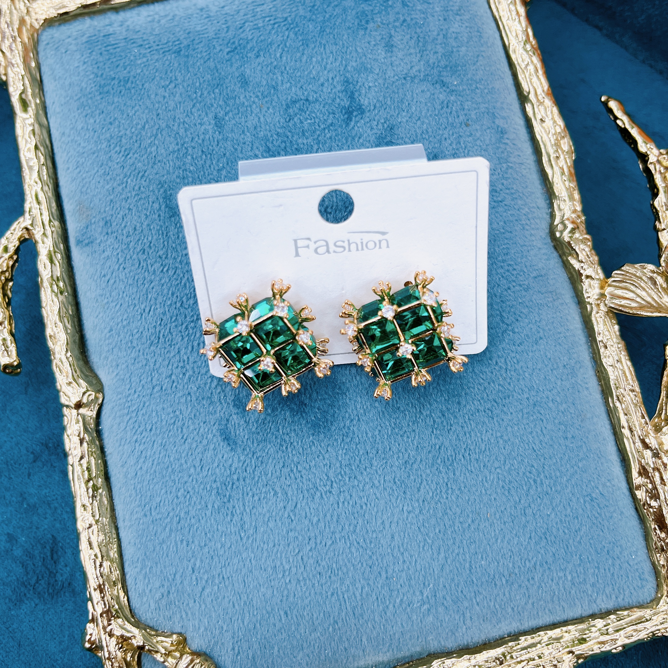 简约时尚大气祖母绿方块多面宝石带锆石时尚耳钉气质百搭耳环潮流个性百搭饰品