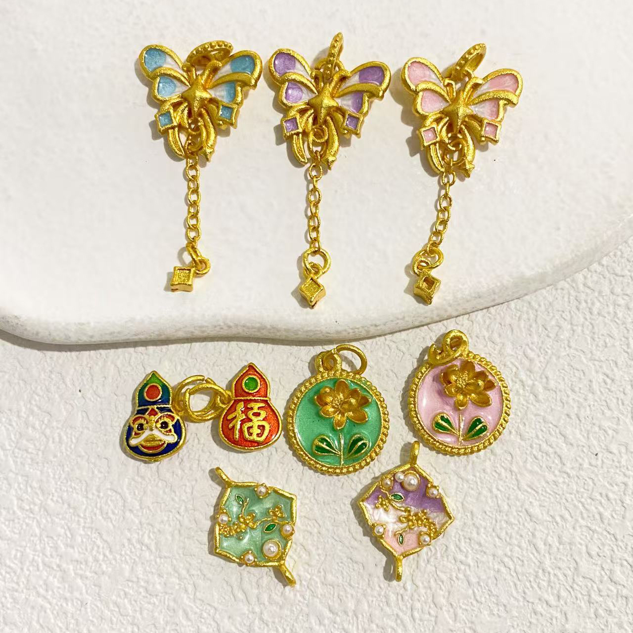 高保色铜镀沙金景泰蓝彩色滴油工艺蝴蝶提溜吊坠双吊花串饰福醒狮吊坠手工diy手链项链饰品配件挂绳批发配件厂家直销