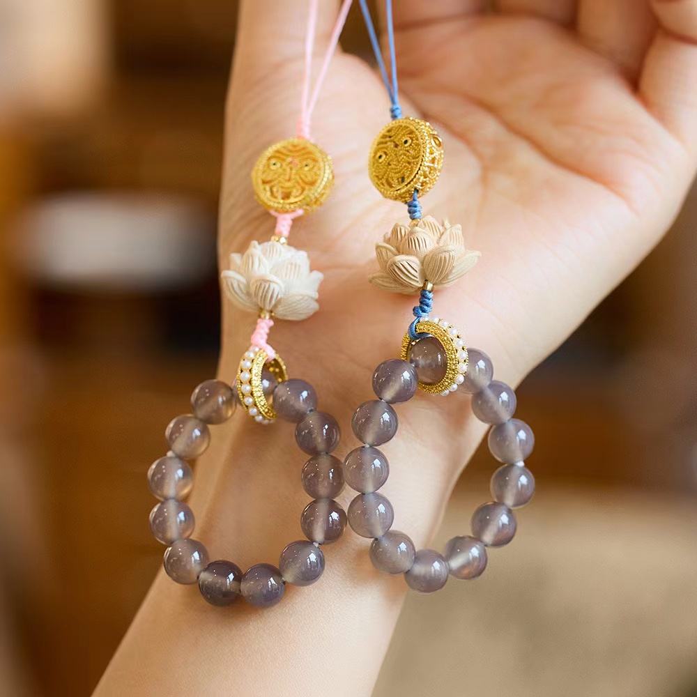 灰玛瑙黄杨木莲花扎基拉姆手机链手捻厂家批发