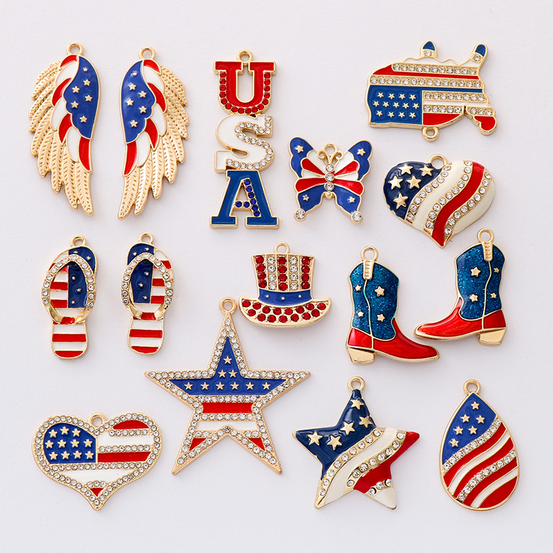 跨境简约时尚优质合金底 美国独立日USA爱心翅膀帽子锌合金耳环红白蓝条纹国旗多款美国国旗蝴蝶DIY项链手链耳饰饰品配件 