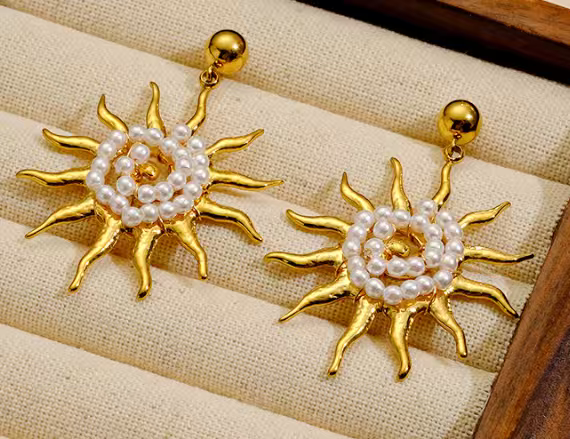 亚马逊热卖手工串珠不锈钢耳环复古个性太阳花微镶吊坠耳针耳钉