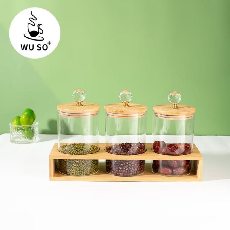 TZ030A-100*150竹盖密封罐3pcs+100-3竹架（圆）密封罐调料罐