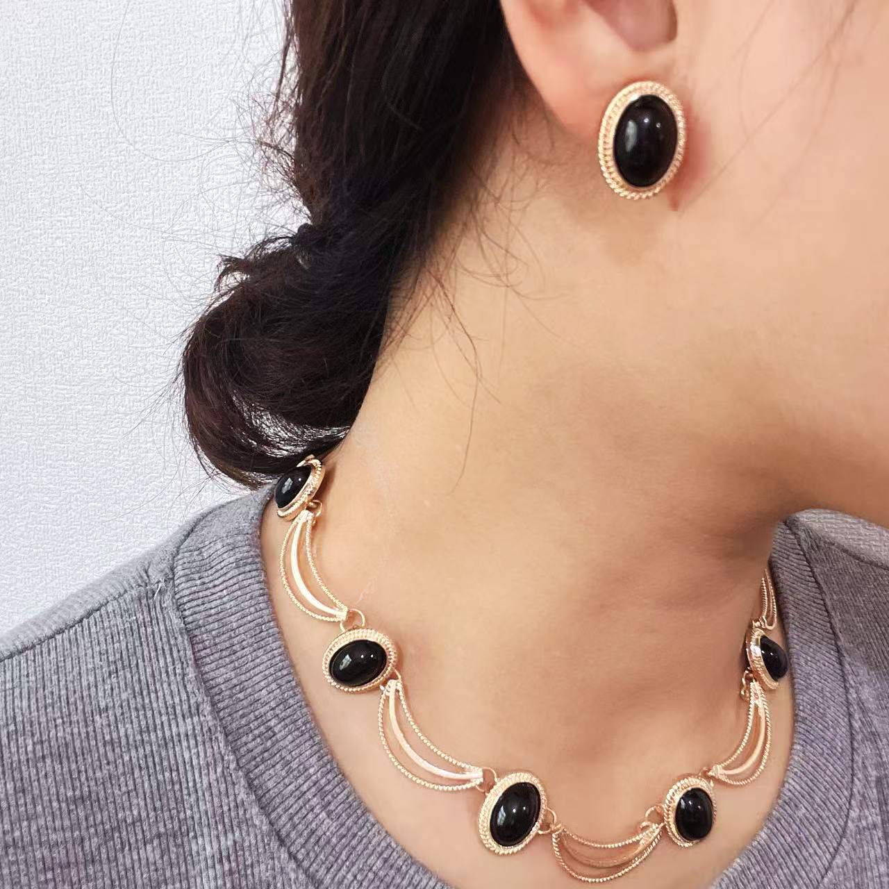 欧美复古椭圆几何耳环项链套装法式宫廷风耳钉轻奢中古风宝石耳饰