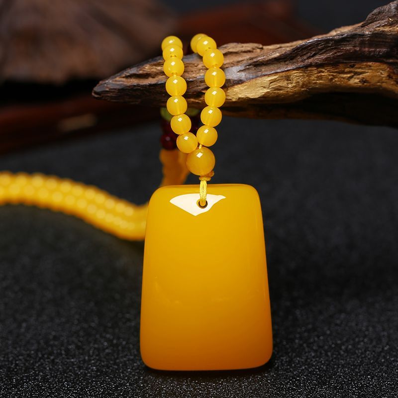 鸡油黄老蜜蜡吊坠长款男女琥珀水滴项链平安牌毛衣链民族风配饰品无事牌毛衣链