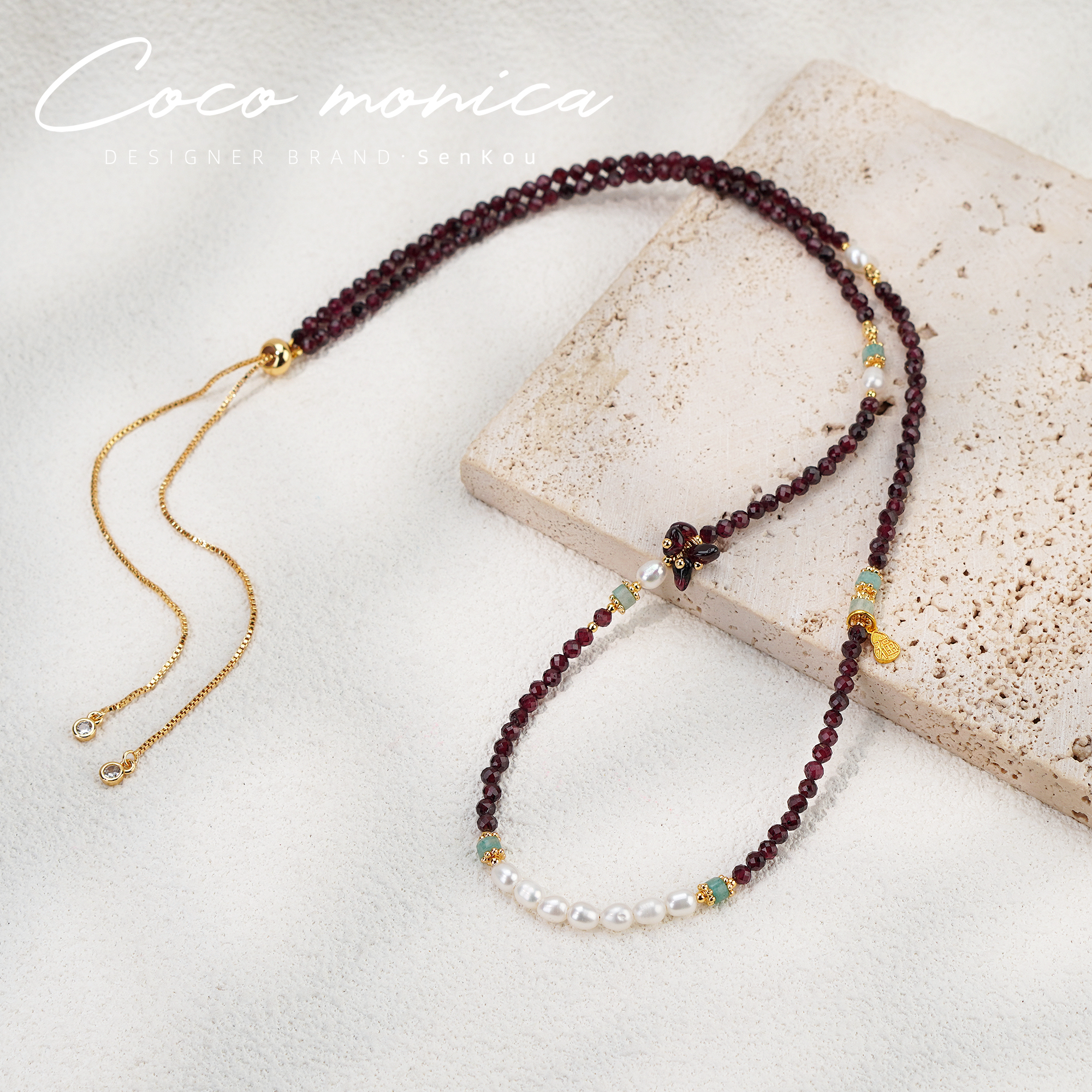 天然橙石榴石项链串珠切割高级感珍珠毛衣链复古焦糖色手工饰品