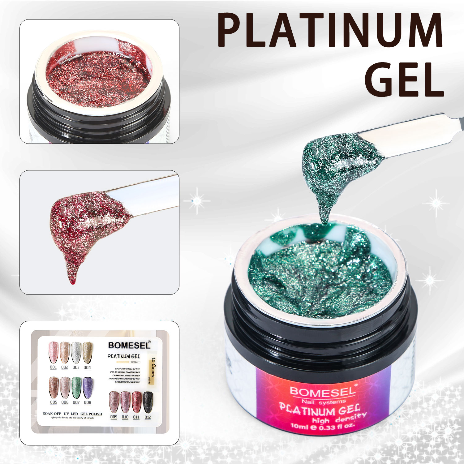 Cross-border Brilliant Starlight Sparkling Platinum Nail Polish Adhesive 12-color, a popular whitening function adhesive for nail salons