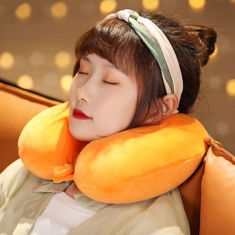 轻便便携保护颈椎旅行记忆泡沫粒U型枕 舒适颈部靠枕 U型枕充气 旅行必备颈枕 白底实物图