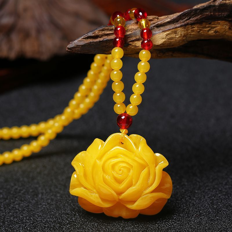 鸡油黄老蜜蜡吊坠长款男女琥珀水滴项链平安牌毛衣链民族风配饰品花毛衣链