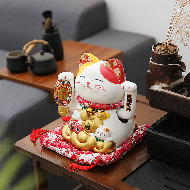 乐喵原创9寸陶瓷电动摇手纳福招财猫客厅前台家居装饰工艺礼品