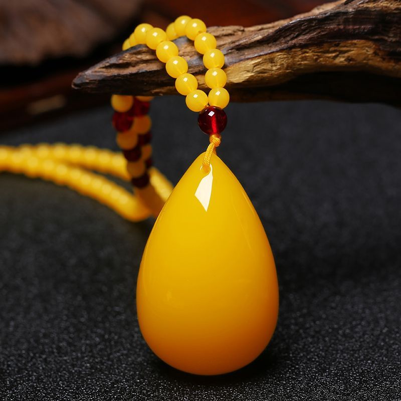 鸡油黄老蜜蜡吊坠长款男女琥珀水滴项链平安牌毛衣链民族风配饰品1毛衣链