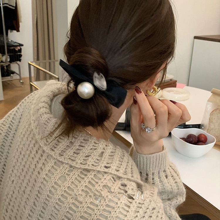 Korean retro pearl bow, new style hair tie rubber band, high elasticity, durable, high-end look, hair band leather rope for women