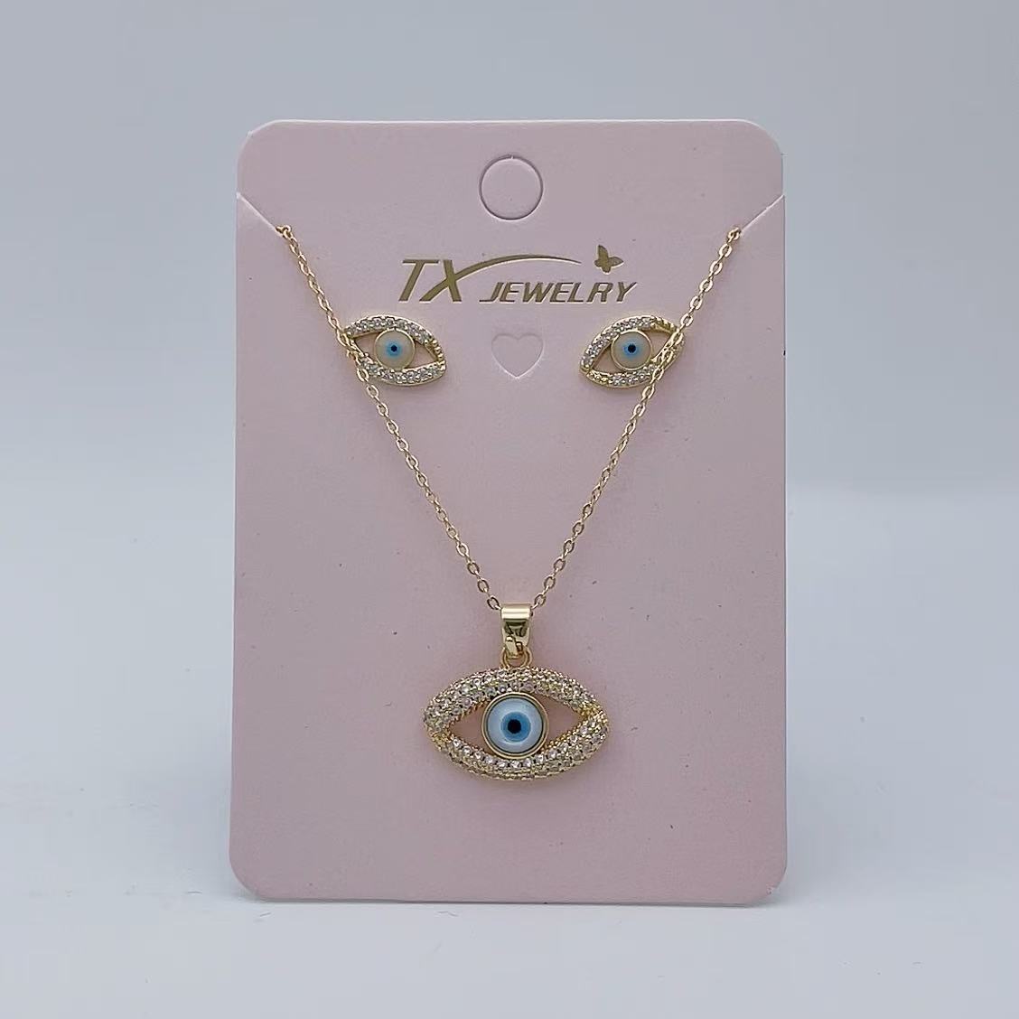 恶魔之眼项链批发跨境镶钻饰品套装小众高级感天使之眼吊坠女长锁骨链