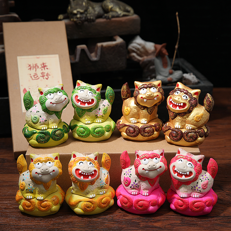 乐喵原创创意手绘招财石狮子一对家居装饰玄关办公桌面礼品伴手礼创意礼品