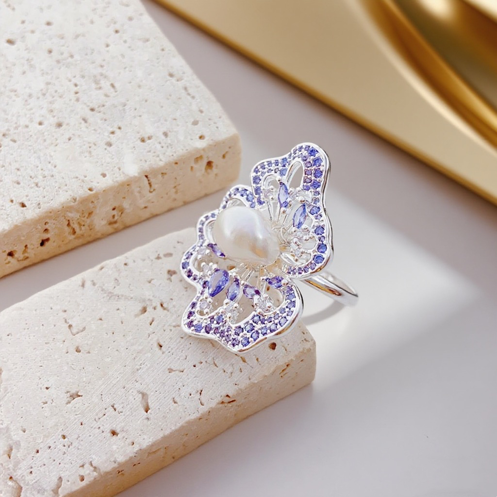 A pink and sweet pearl ring with a female Internet celebrity style, a fashionable and sweet style, and a unique and trendy decoration ring, suitable for daily wear Specification image