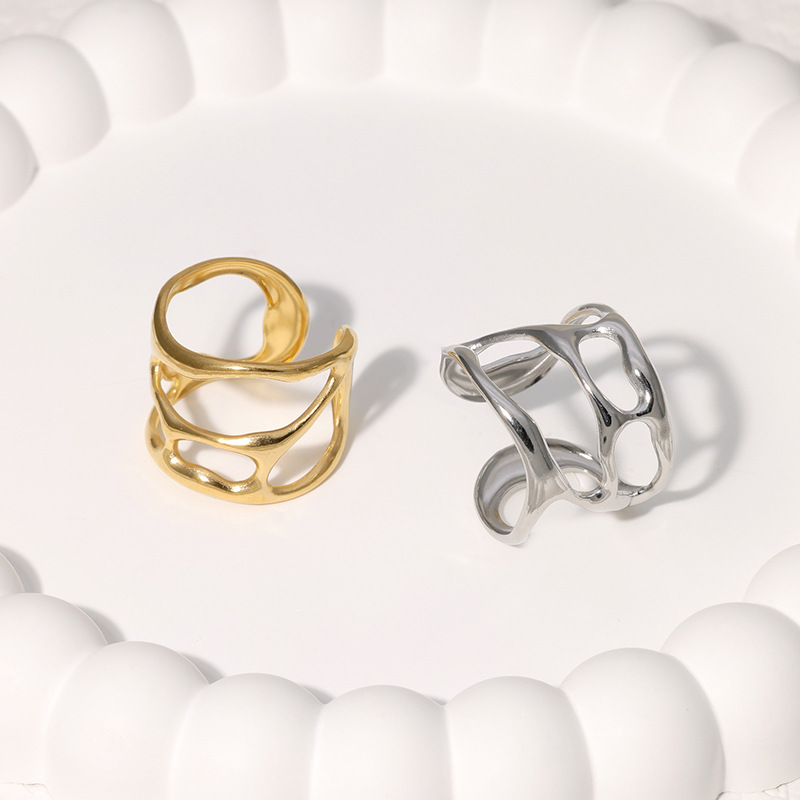 潮流饰品时尚外贸爆款异形镂空1号开口戒指金色钢色YYKK007