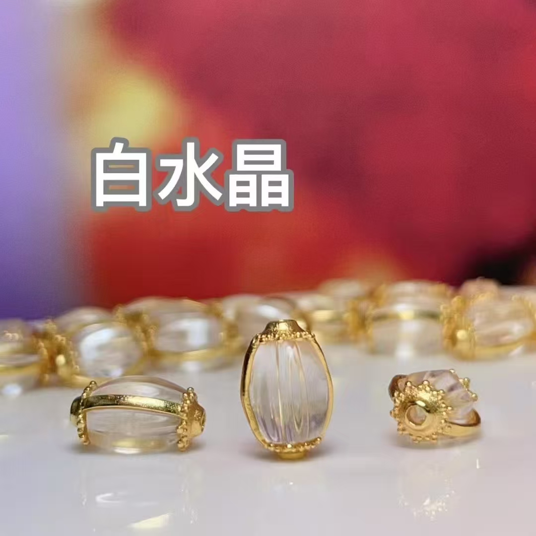 Natural white crystal frame straight-hole accessories, diy jewelry accessories, crystal accessories, traditional sand gold accessories, copper-plated real gold, high color retention