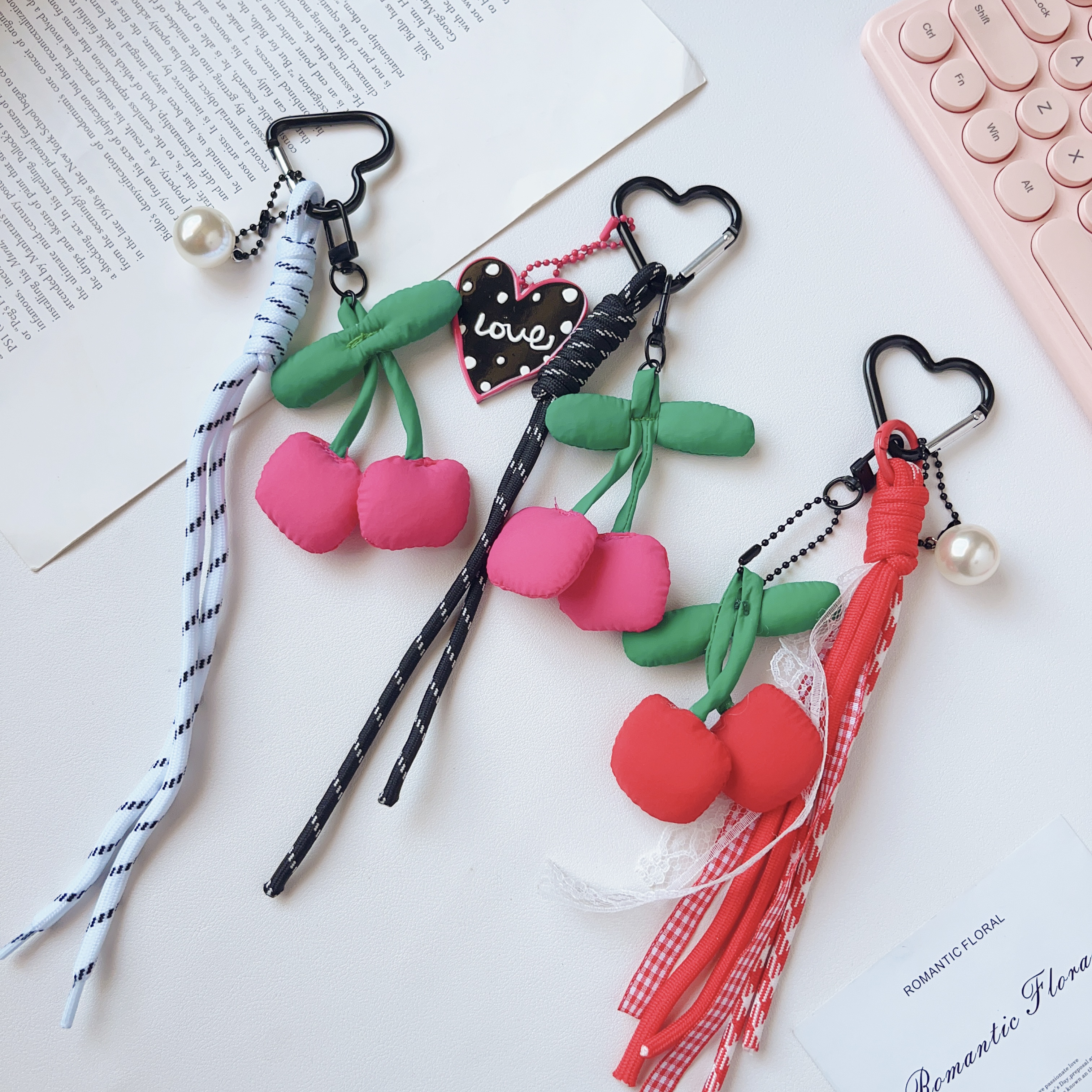 Cross-border y2k cute and niche design, unique fabric cherry hand-woven rope keychain bag, hanging suitcase for women details Picture