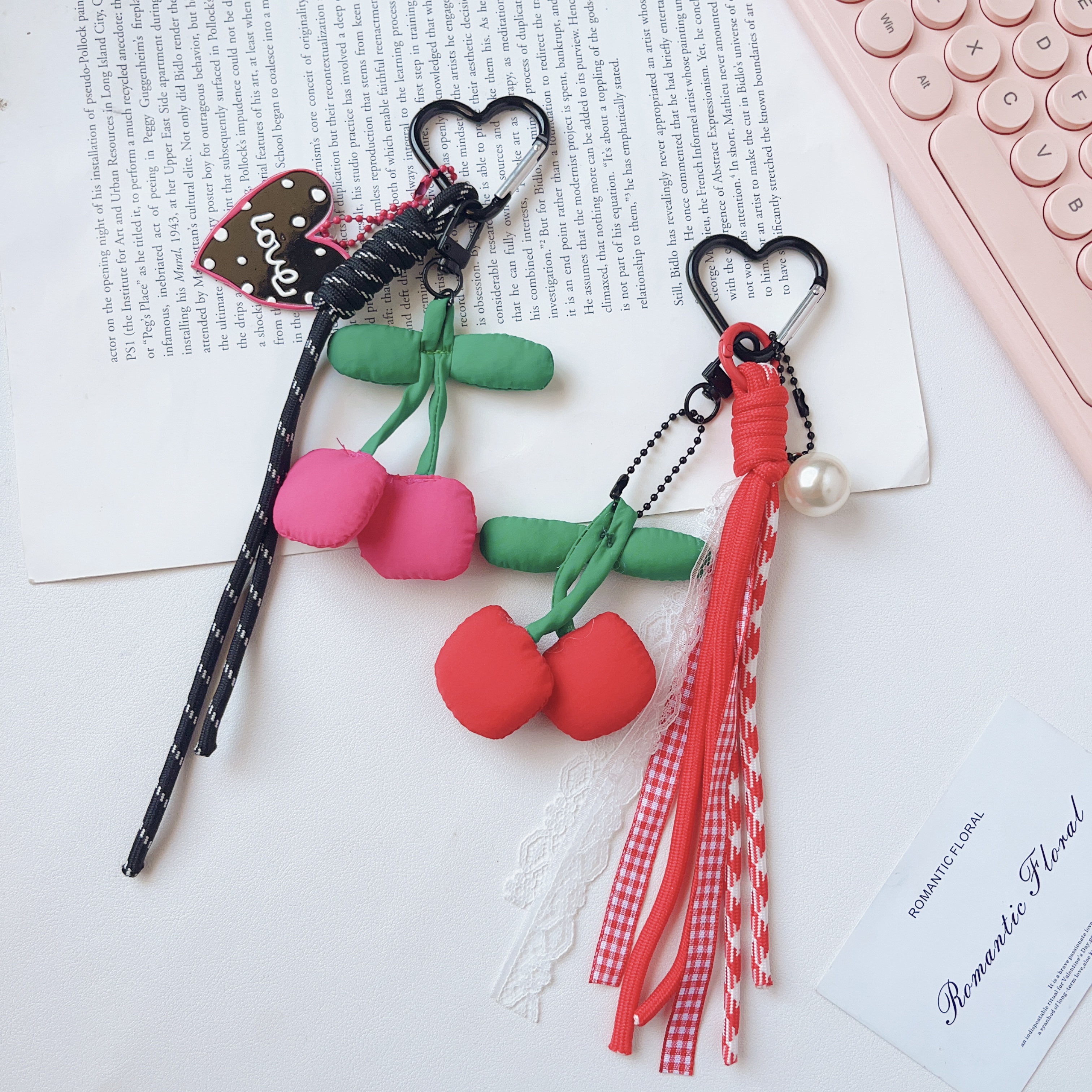 Cross-border y2k cute and niche design, unique fabric cherry hand-woven rope keychain bag, hanging suitcase for women Specification image