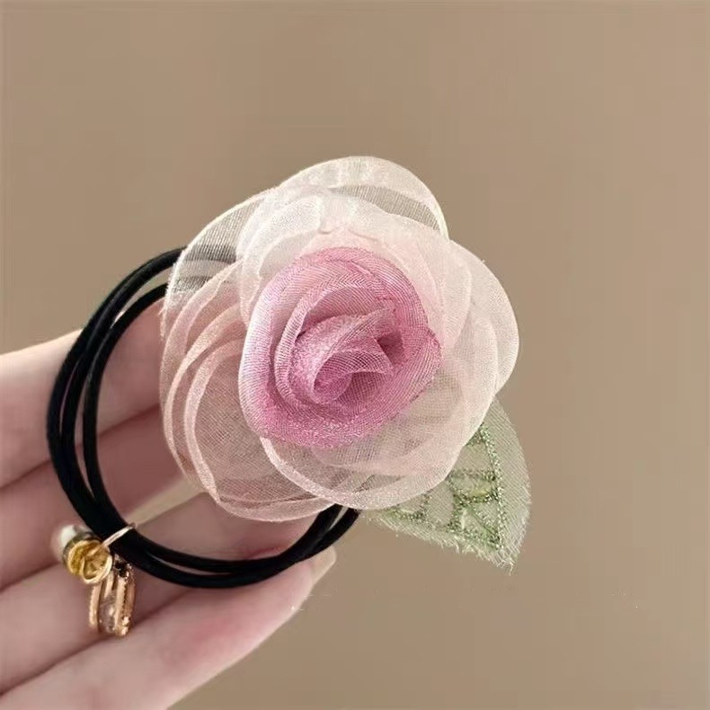 Mesh rose hair tie, fresh flower headwear, hair tie, side braid, hair clip, hair tie, high appearance level, hair accessory detail image 9