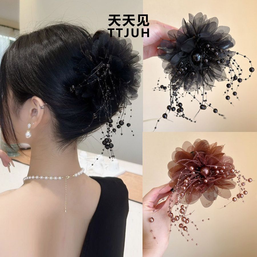 Elegant black lolita headwear with peonies, various hair clips, hair clips at the back of the head to show hair volume, and shark claw clips detail image 7